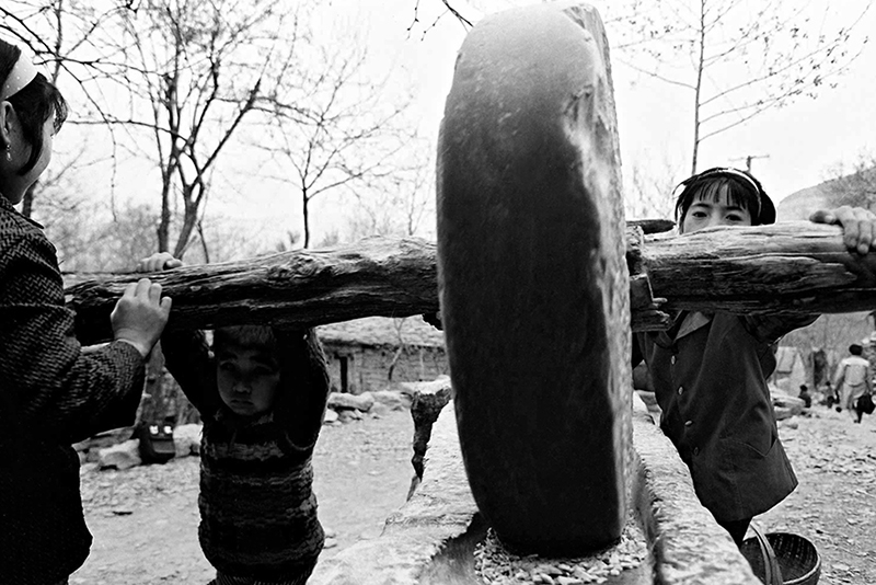 1995年，贫困的山区里孩子们用石碾压地瓜干，帮助大人们干一些农活。作者：李瑞勇